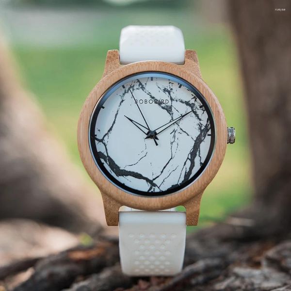 Relojes de pulsera Bobo Bird Reloj de madera hecho a mano Hombres Mujeres Cuarzo Mármol Literal Reloj de banda de silicona como regalo de dama en caja