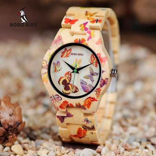Relojes de pulsera Bobo Bird Ladies Reloj de madera Mujeres Montre Femme Bamboo Band Pintura Mariposa Relojes de cuarzo en caja de regalo de madera OEM W-O20