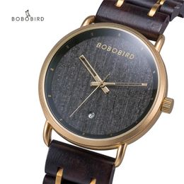 Montres-bracelets Bobo Bird Montre de luxe en bois Auto Date Golden Metal Poignet pour hommes Cadeau de Noël avec boîte Relogio Masculino