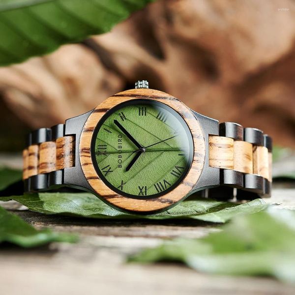 Montres-bracelets Bobo Bird Montre en bois pour hommes avec véritable feuille originale horloge en bois gravé cadeau d'anniversaire à la main pour homme