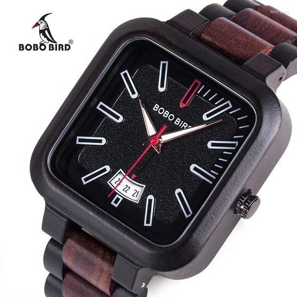 Relojes de pulsera BOBO BIRD Hombres Reloj simple Hecho a mano de madera Clásico Negro y rojo Relojes de cuarzo con visualización de fecha Horloges Mannen