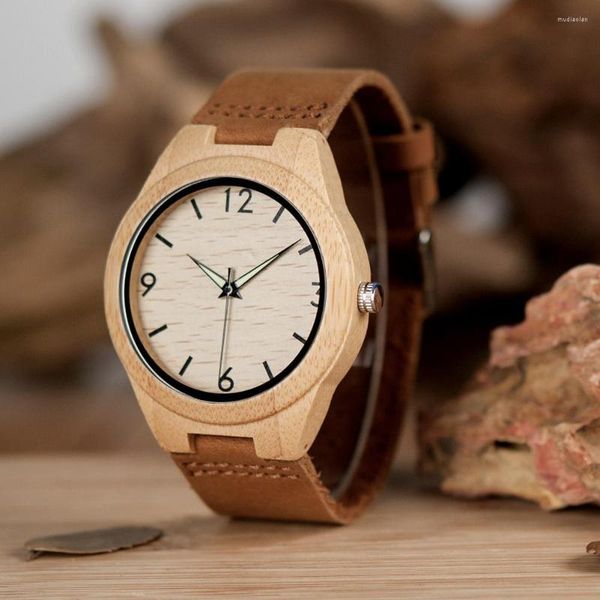 Relojes de pulsera BOBO BIRD Hombres Reloj artesanal de madera Manecillas luminosas Cuarzo de moda con correa de cuero genuino Caja de papel