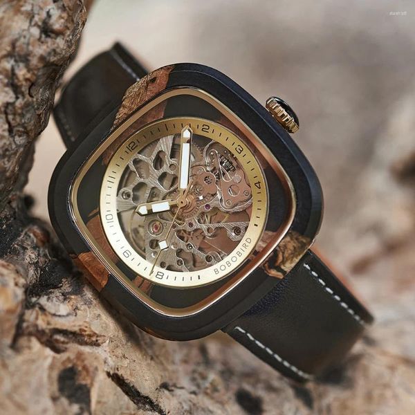 Muñeca de pulsera Bobo Bird Mens Watch Custom Wood Automático de madera de madera Muñeca de resina epoxi para hombres Relojes mecánicos Montres Automatiques