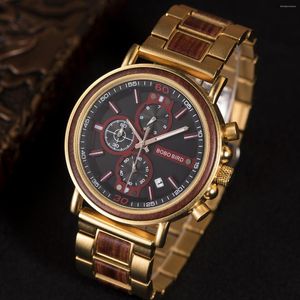 Polshorloges Bobo Bird Wood Watch Men Chronograph Militaire stopwatch mannelijke uurwerken Show Date For Boyfriend Gifts Box Relojes Hombre