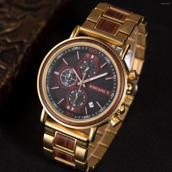 Relojes de pulsera Bobo Bird Reloj de madera Hombres Cronógrafo Cronómetro militar Relojes masculinos Mostrar fecha para novio Caja de regalos Relojes Hombre