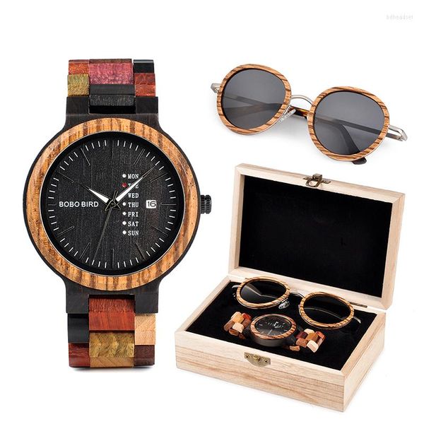 Relojes de pulsera BOBO BIRD Gafas de sol de madera Relojes de hombre Damas en traje Caja de regalo Reloj de pulsera de cuarzo de madera Hombre Relojes Para Hombre