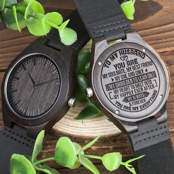 Relojes de pulsera BOBOBIRD Regalo para mi marido Reloj de cuero de ébano personalizado Personal Regalos Hombres Reloj de pulsera de madera personalizado