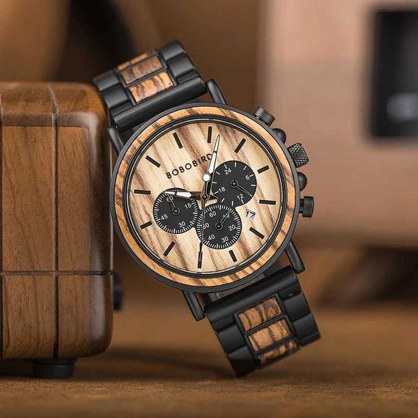Muñecos de pulsera Bobobird Luxury Mens Top Timing Watch Belt personalizado de madera de metal Caja de regalo Reggio Masculino H240504