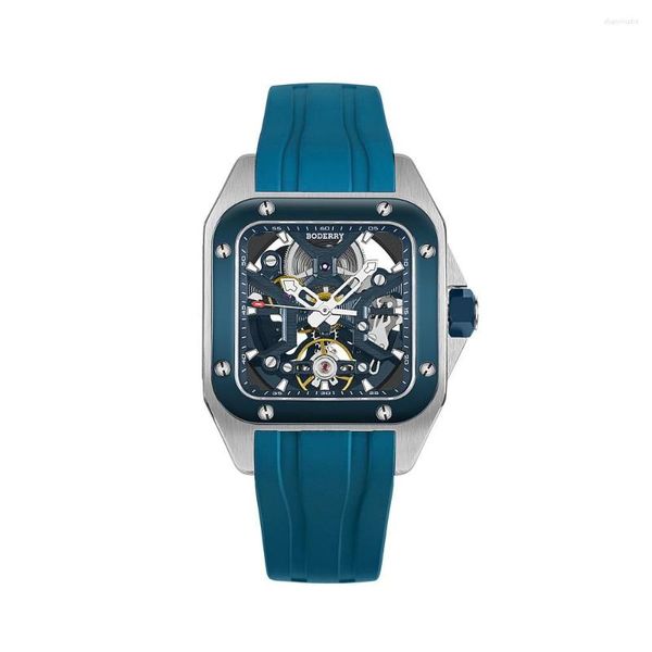 BODERRY Hommes Montre Automatique 42MM Titane Carré Mécanique Montre-Bracelet 100m Étanche Saphir BGW9 Lumineux Fluororubber