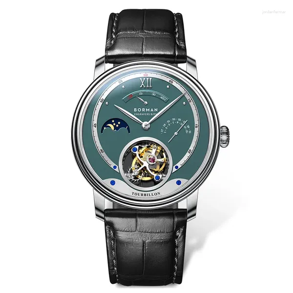 Relojes de pulsera Borman Hombres Reloj automático Tourbillon de lujo Reloj de pulsera mecánico Correa de cuero de zafiro ST8007 Fecha Día-Noche Energía