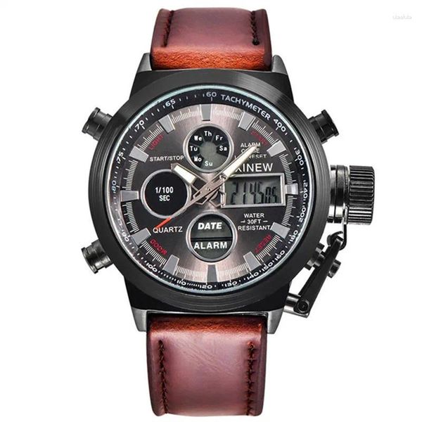 Relojes de pulsera Marca Cronógrafo Reloj de negocios para hombres Moda Banda de cuero Alarma Cronómetro Movimiento multifunción Reloj electrónico Negro