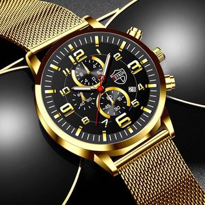 Polshorloges merk modeheren gold horloges mannen luxe roestvrijstalen mesh riem kwarts pols horloge man business casual lederen riem