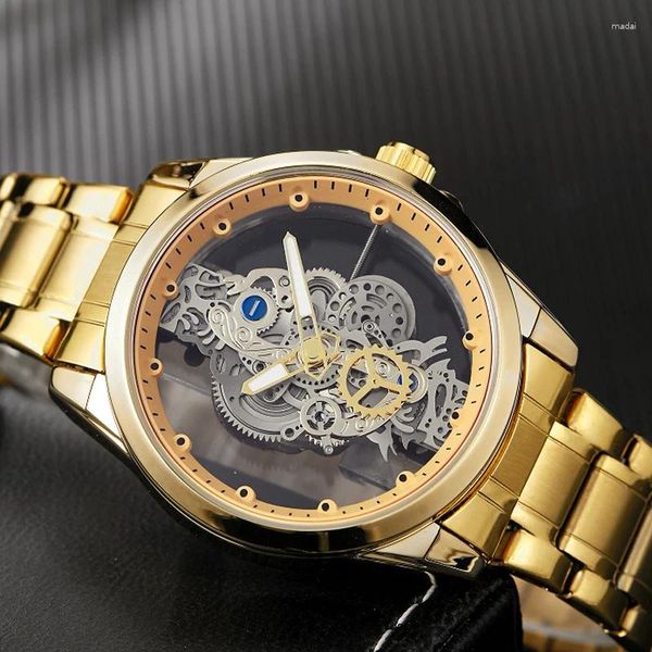 Relojes de pulsera Marca Cuarzo Reloj hueco Hombres Impermeable Luminoso Acero Transparente Personalidad Banda de cuero