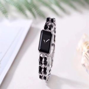 Relojes de pulsera Marca Reloj de cuero real Boy Friend Doble cadena Enlace Pulsera de cuarzo Mujeres Hombres 2 capas Rectángulo Acero inoxidable W175S