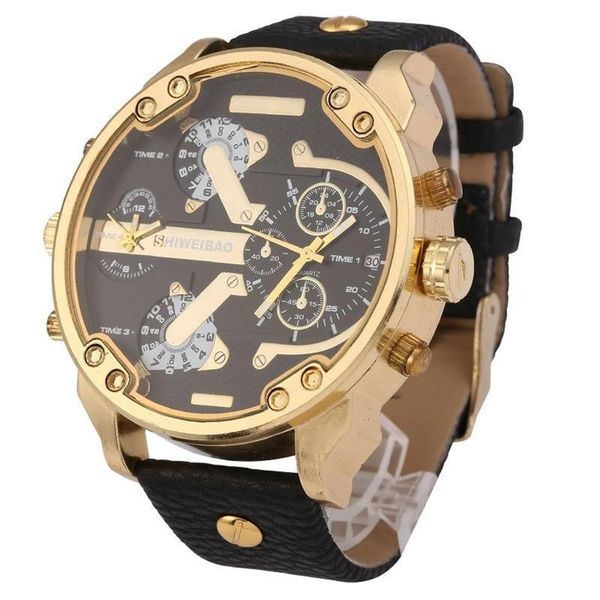 Relojes de pulsera Marca Shiweibao Relojes de cuarzo Hombres Reloj de moda Correa de cuero Caja dorada Relogio Masculino Zonas horarias duales Military290i