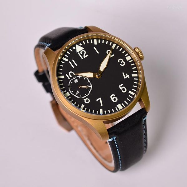 Relojes de pulsera Reloj de pulsera militar Polit de bronce Caja de 44 mm Súper luminoso 100 M Impermeable Pequeño segundo cuero Reloj mecánico de cuerda manual