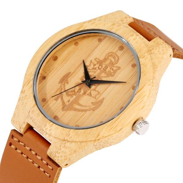 Relojes de pulsera Reloj marrón Cuarzo Ancla de barco para hombre Patrón tallado Registro Color Dial Escala de punto de bambú ajustable para novioRelojes de pulsera