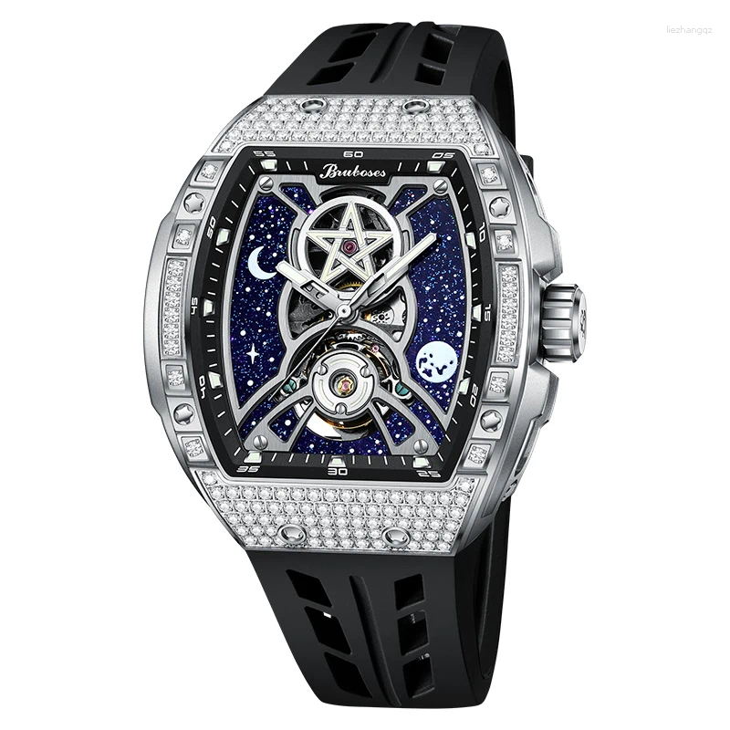 Relógios de pulso Bruboses Bruboses masculinos de luxo Mechanical Winding Watch Hollow-Out Silicone à prova d'água luminosa com diamante