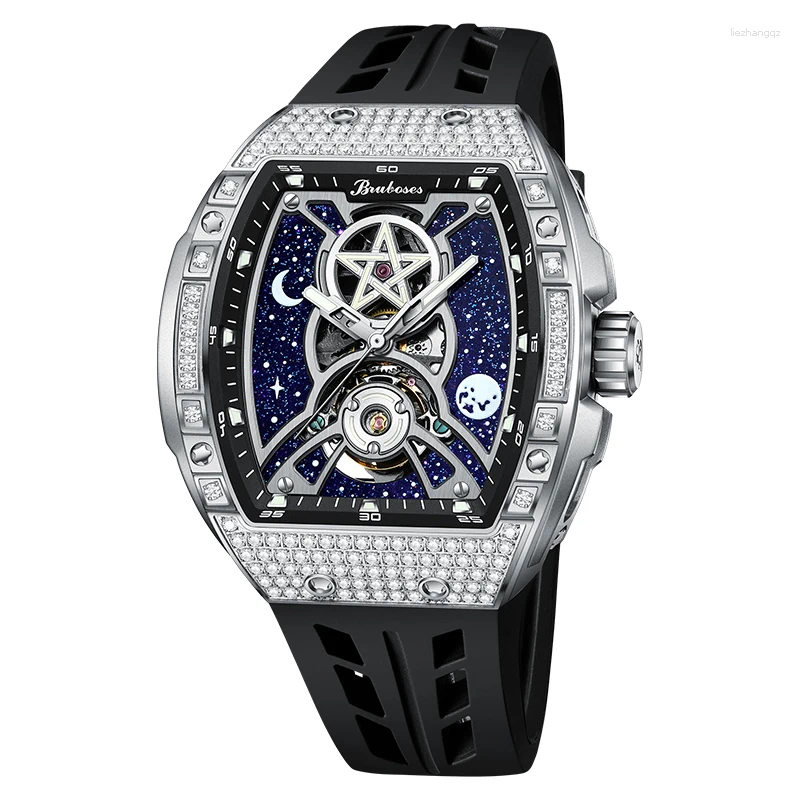 Armbanduhren Brubosen Luxury Herren automatische mechanische Wickelbeobachtung hohl-out Silikon wasserdichte leuchtend mit Diamant