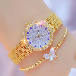 Relojes de pulsera BS, elegantes relojes de pulsera con esfera pequeña para mujer, pulsera de oro con diamantes completos para mujer, Montre Femme 2023