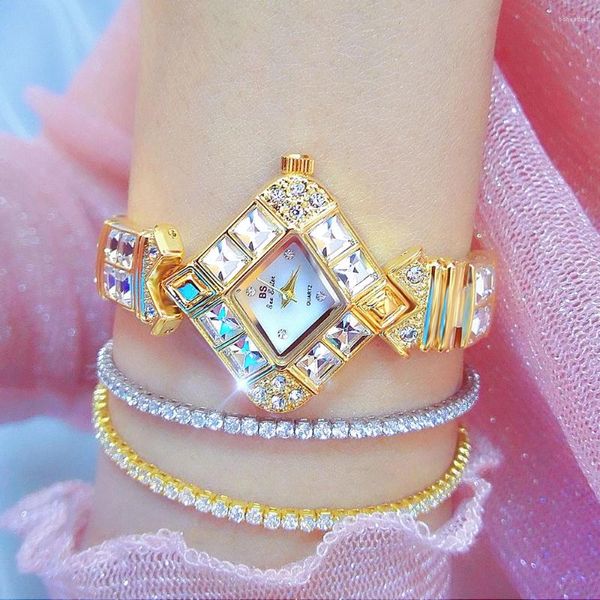 Relojes de pulsera BS Moda Relojes de mujer Pulsera de diamantes de imitación Cuarzo Dial irregular Oro Plata Reloj de lujo para regalos de reloj