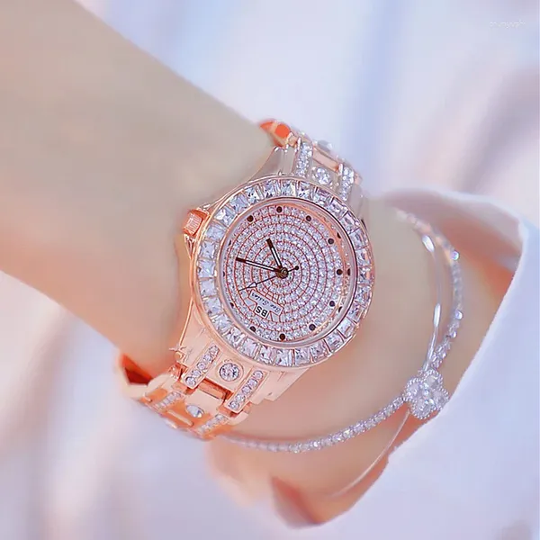 Relojes de pulsera BS reloj de mujer con diamantes completos pulsera de cristal para mujer Relojes de pulsera reloj de cuarzo para mujer 0801835