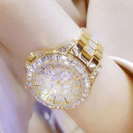 Relojes de pulsera BS Carta 38 mm Big Rocks Mujeres Cristal Diamante Relojes de lujo Cuarzo Analógico Oro Plata Rosa Color Iced Out Vestido Reloj de pulsera