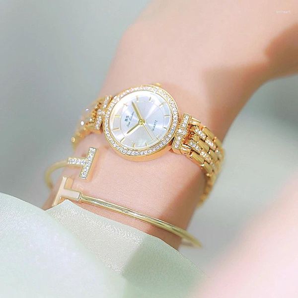 Relojes de pulsera BS Top Fashion Luxury Women Watch Diamond Vestido elegante Cuarzo Oro Acero inoxidable Reloj para damas para