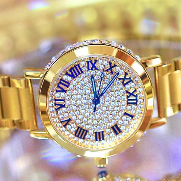 Relojes de pulsera Bs para mujer, reloj de pulsera elegante con diamantes 2023 para mujer, reloj de pulsera dorado de acero inoxidable para mujer, reloj de pulsera para mujer