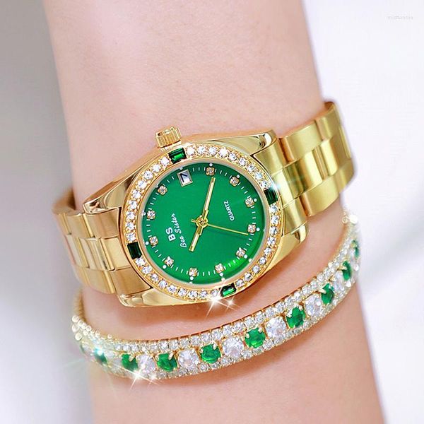 Relojes de pulsera BS Relojes de mujer Reloj de acero inoxidable dorado para esfera verde Cristal Diamante Mujer Cuarzo