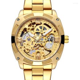 Montre-bracelets Business Men's Automatic Mechanical Watch en acier inoxydable Gear en acier Hollow Military Gold Horloge mâle Relogie Masculino