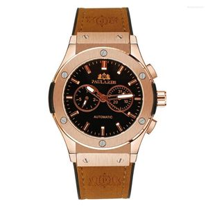 Montre-bracelettes Business Men's Mechanical Watch Casual Brown Brown Strap Automatic Reloj de Hombre Top Brand Termroproping Round Male Clock 2022