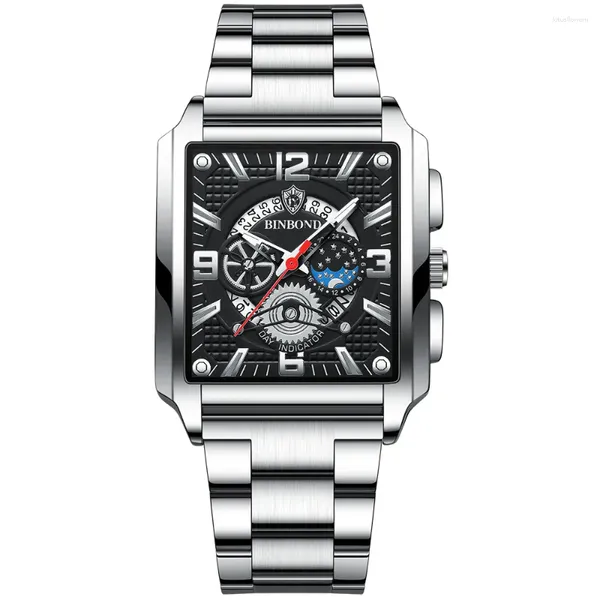 Relojes de pulsera Business Square Cuarzo Calendario Dial Impermeable Multifuncional Correa inoxidable Reloj de moda Reloj de pulsera para hombres