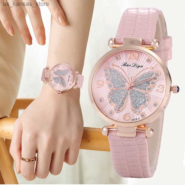 Montre-bracelets Butterfly Diamond DIAL Design Femmes Quartz es Fashion Casual Dames poignets Simple Woman Cuir Clock Montre Femme240409