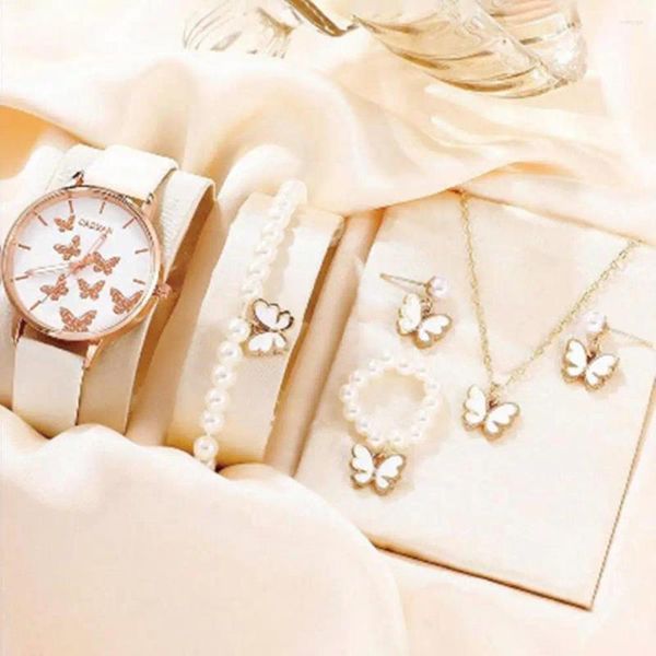 Relojes de pulsera Conjunto de reloj de mariposa Joyería temática Colgante de mujer con collar de perlas de imitación para cumpleaños
