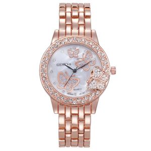 Relojes de pulsera Relojes de mariposa para mujer Reloj de oro rosa Moda Ginebra Lujo Mujer Diamante de imitación Acero Relogio masculino