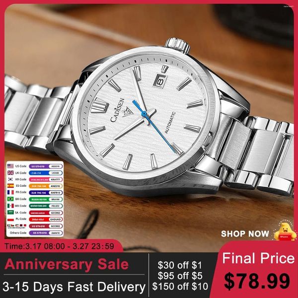 Relojes de pulsera CADISEN 2024 Reloj mecánico para hombre Japón NH35A Movt 100m Calendario impermeable Acero inoxidable Automático 8226