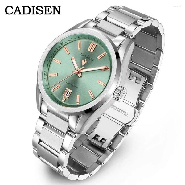 Relojes de pulsera CADISEN 40 mm Hombres Reloj mecánico automático Japón NH35 Movt Zafiro Acero inoxidable AR Recubrimiento 10bar Reloj verde para