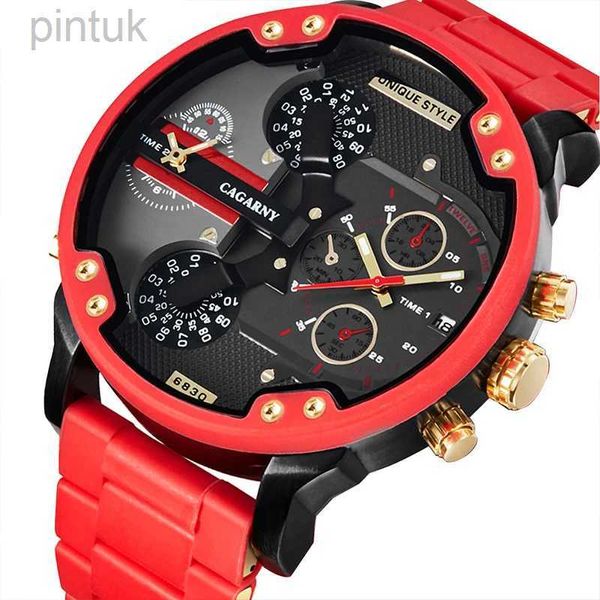 Relojes de pulsera Cagarny Hombres Relojes de oro Rojo Gran Dial Lujo Top Marca Cuarzo Banda de acero Relojes de pulsera militares para hombres Fecha automática Hora dual 24329