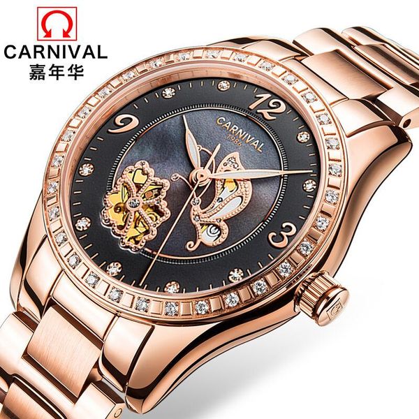 Montres-bracelets CARNAVAL montre automatique femmes mode mécanique dames poignet or Rose squelette montres horloge
