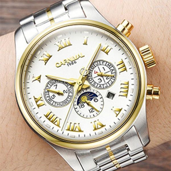 Relojes de pulsera marca Carnival, Reloj mecánico para hombre, Reloj de pulsera automático de fase lunar de acero inoxidable de lujo para hombre, Reloj resistente al agua de 30m