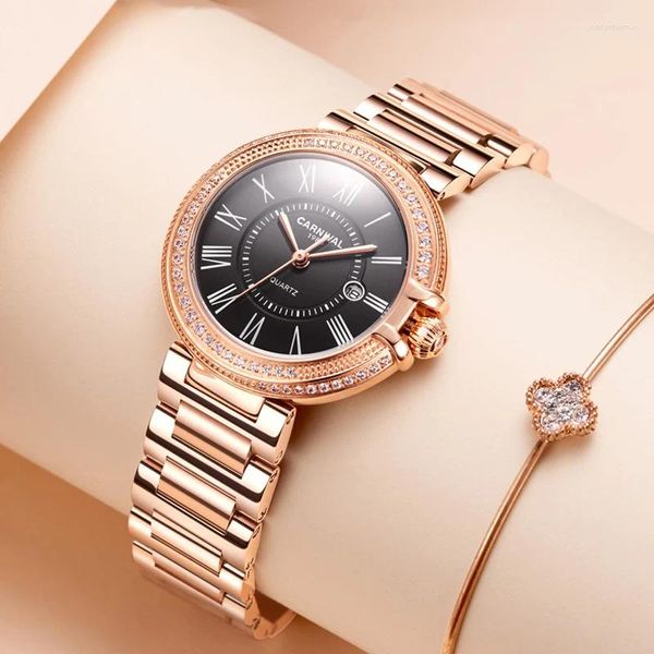 Relojes de pulsera Carnival Rose Gold Relojes para mujer Top Reloj impermeable Moda Damas Acero Casual Reloj de cuarzo 2024