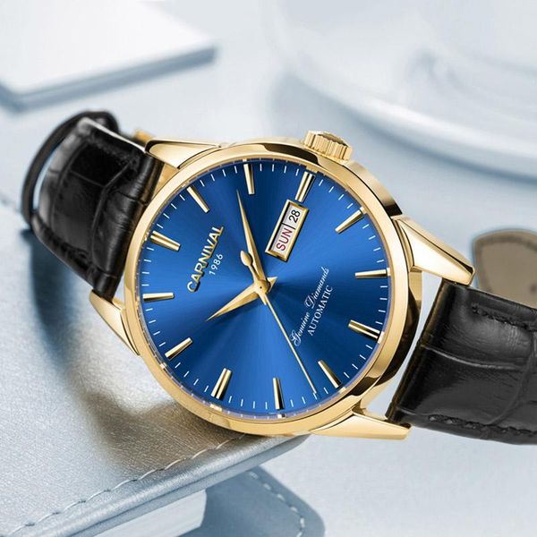 Montres-bracelets Carnaval Top Fashion Business Montres Hommes Automatique Mécanique Horloge Étanche Bleu Auto Date Montre