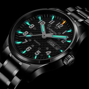 Relojes de pulsera Carnival Top Reloj de cuarzo Hombres T25 Tritio Luminoso Hombres Negro Acero completo Relojes impermeables Relojes Will22218c