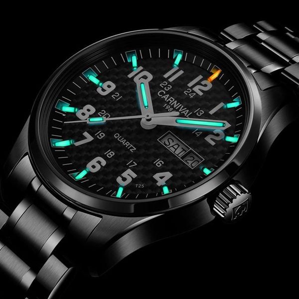 Montres-bracelets Carnaval Top Quartz Montre Hommes T25 Tritium Lumineux Hommes Noir Plein Acier Montres Étanches Relojes Will22265v