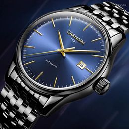 Montre-bracelets Carnaval Watches Mens Automatic Mechanical Watch Men Full Black Steel Calendar Sport Sport Horloge Reloj Hombre