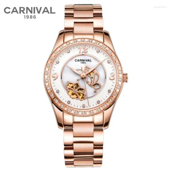 Mujeres de pulsera Carnival Women Watch Fashion Luxury Mechanical Watches Hollow Luminoso Impermeable de cuero inoxidable Diseño de mariposa de acero inoxidable