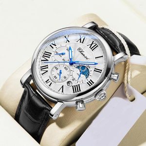 Polshorloges Casual Dress Horloges Men Chronograph Kalender Echte lederen zakelijke mode Silver Male's polshorloge