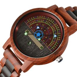 Montres-bracelets Casual Hommes Montre En Bois Rétro Demi-Cercle Affichage Triangle Lumineux Pointeur Quartz Pleine Bande Montres Pour HommesMontres-Bracelets