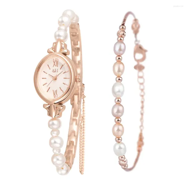 Relojes de pulsera Puntero casual Reloj ovalado de cuarzo Muñeca dulce y elegante con pulsera de perlas naturales de agua dulce para mujeres y niñas